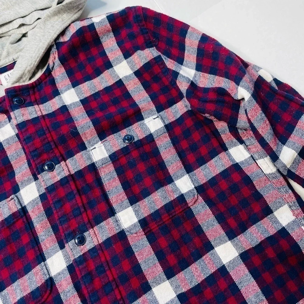 Gap Kids Blue Maroon Plaid Flannel Hooded Long Sleeve Button Up Shirt Size XXL